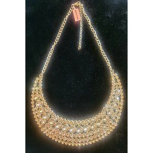 Stunning Statement Necklace Gold Tone Bib With Amber Colored Rhinestones NEW